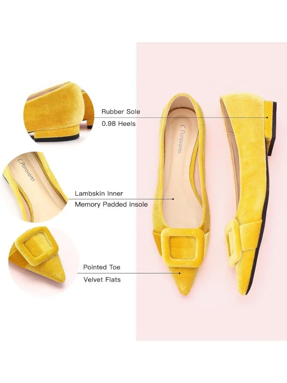 Women's Velvet Yellow Pointed Toe Square Buckle Flats Slip-On Comfortable Shoes